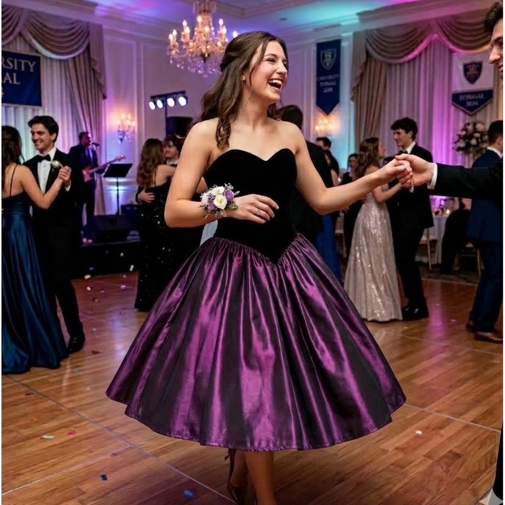 Laura Ashley Vintage 80s Strapless Velvet Taffeta Party Dress Black Purple - Picture 13 of 13